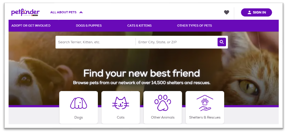 You can start the process by going to the Petfinder and clicking the “SIGN IN”  button in the top right corner.