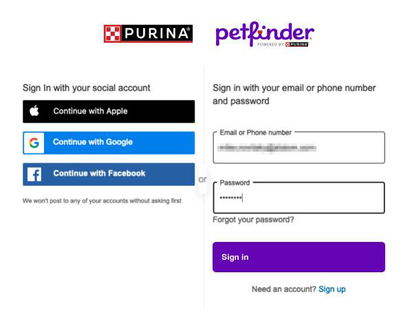 2.	Attempt to log in as you normally would using your current Petfinder password.